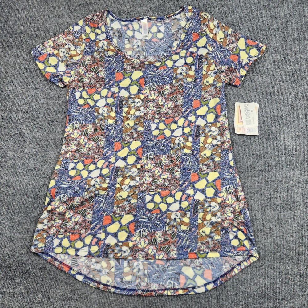 LuLaRoe Classic T Womens XS Blue Yellow Floral Geometric Patchwork High‎ Low Top